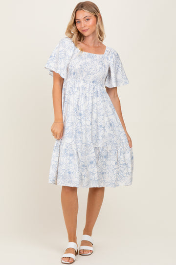 Ivory Floral Smocked Flutter Sleeve Midi Dress