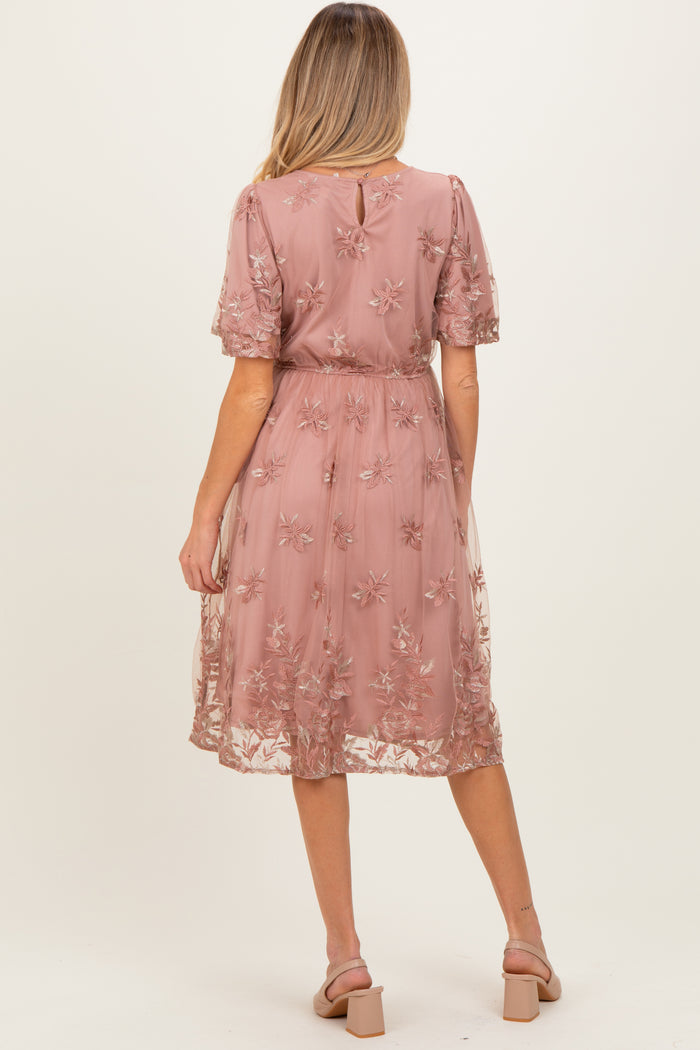 Light Pink Floral Embroidered Mesh Maternity Midi Dress