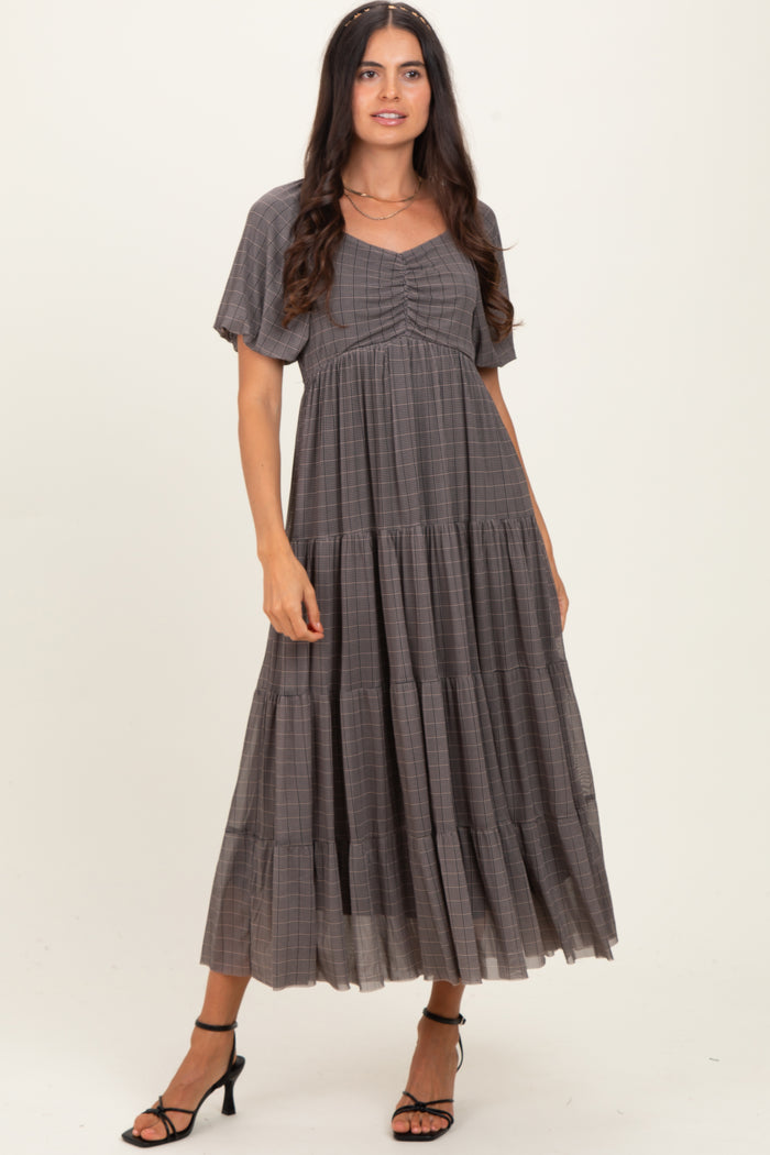 Black Plaid Mesh Tiered Maxi Dress