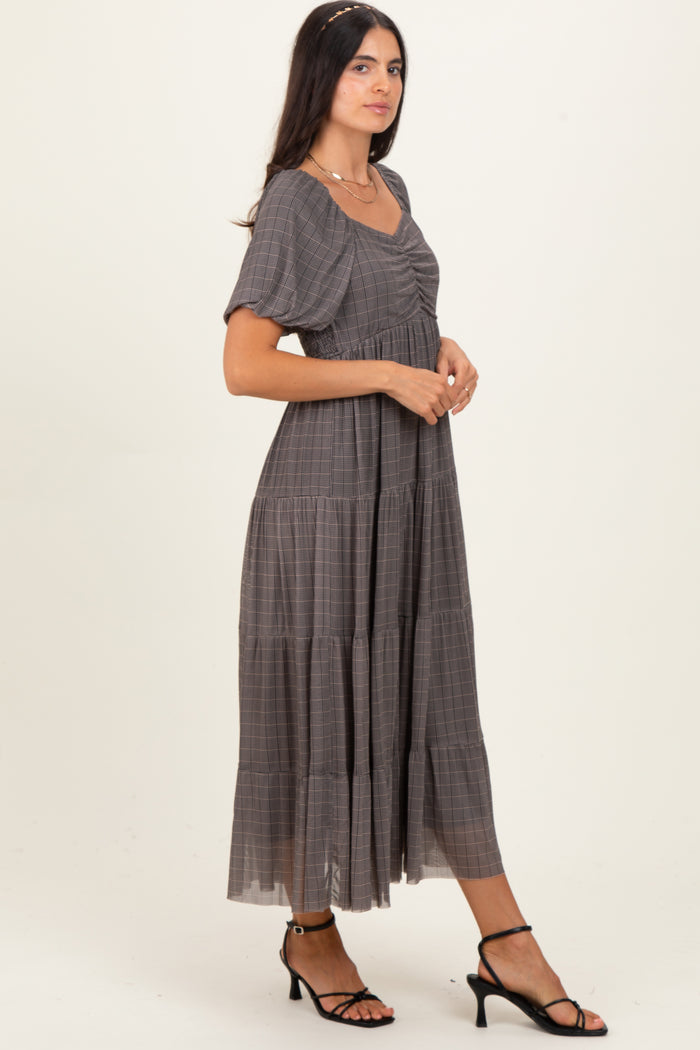 Black Plaid Mesh Tiered Maxi Dress