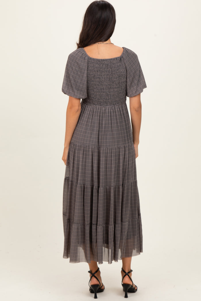 Black Plaid Mesh Tiered Maxi Dress