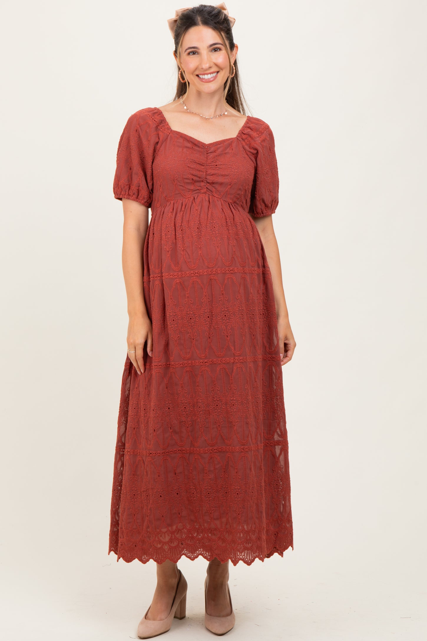Rust Floral Embroidered Chiffon Maternity Midi Dress