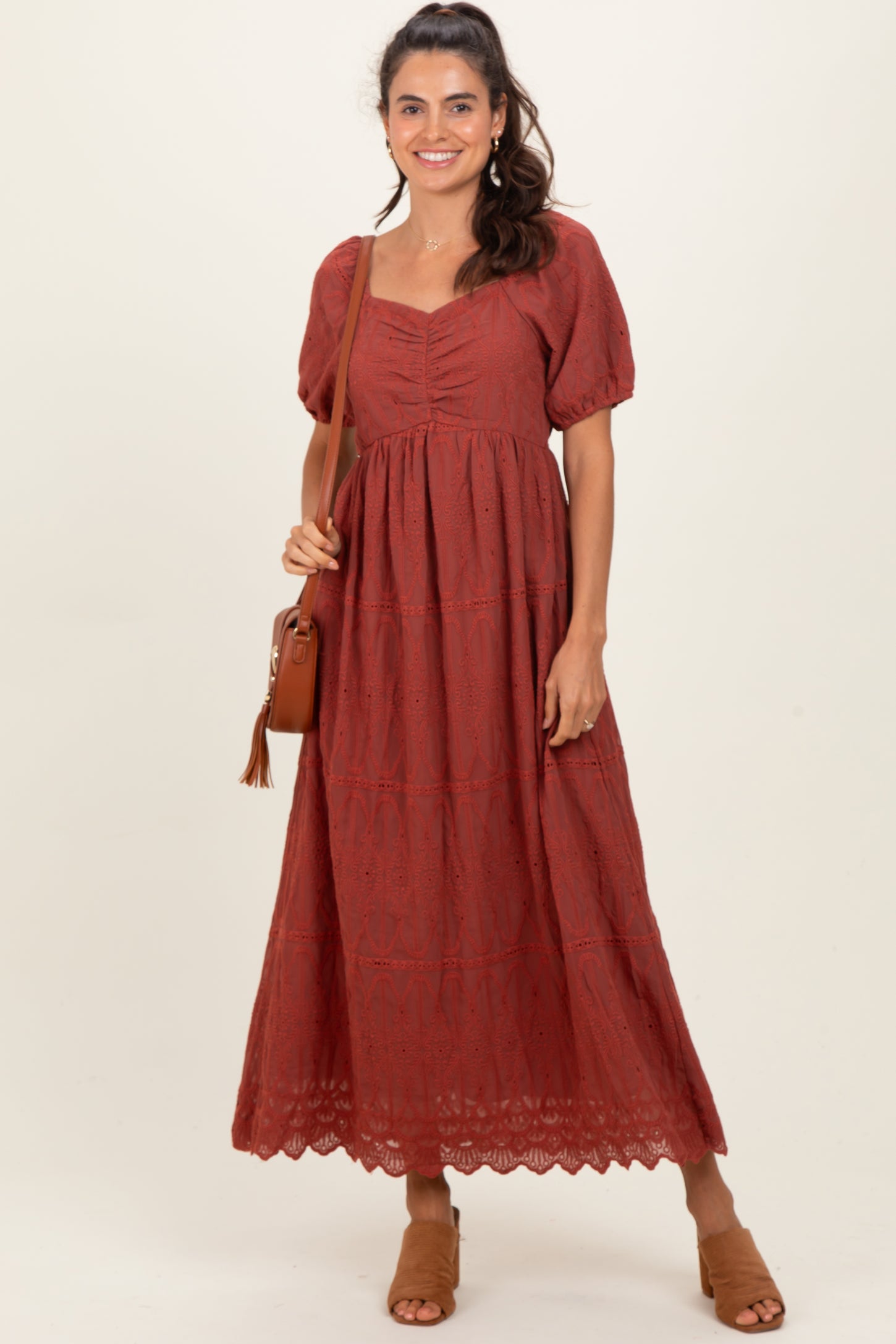 Rust Floral Embroidered Chiffon Midi Dress