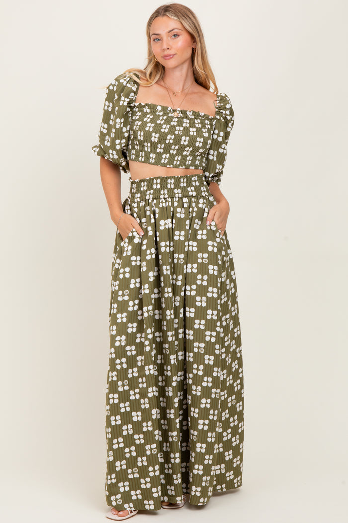 Olive Printed Smocked Crop Top Maxi Skirt Set