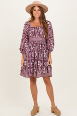 Plum Floral Square Neck Bubble Sleeve Maternity Dress