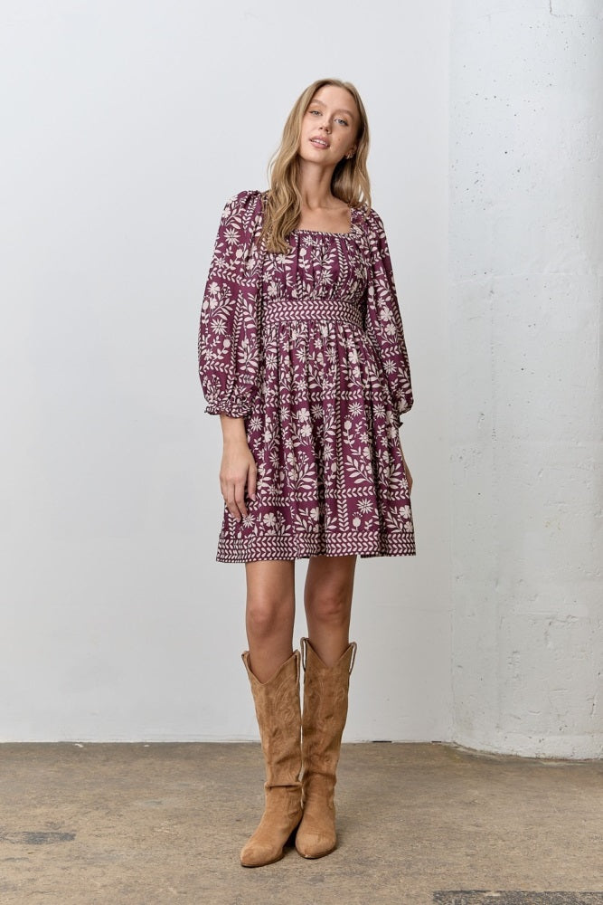 Plum Floral Square Neck Bubble Sleeve Dress