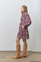 Plum Floral Square Neck Bubble Sleeve Dress