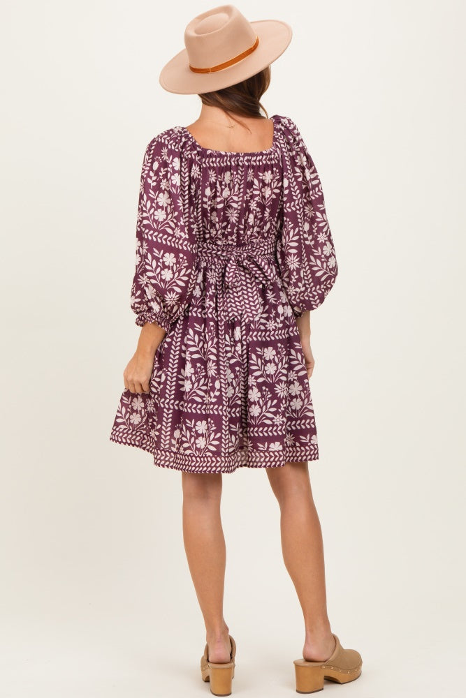 Plum Floral Square Neck Bubble Sleeve Dress