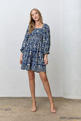 Light Navy Floral Square Neck Bubble Sleeve Dress