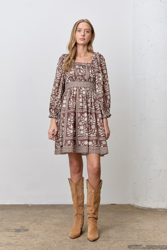 Brown Floral Square Neck Bubble Sleeve Dress