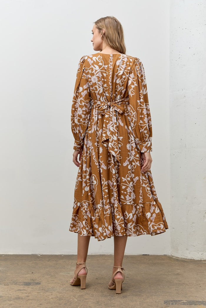 Camel Floral Twist Front Long Sleeve Midi Dress
