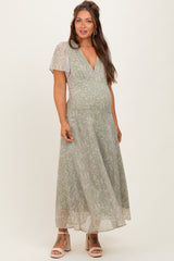 Light Olive Floral Chiffon V-Neck Maternity Maxi Dress