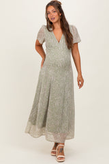 Light Olive Floral Chiffon V-Neck Maternity Maxi Dress