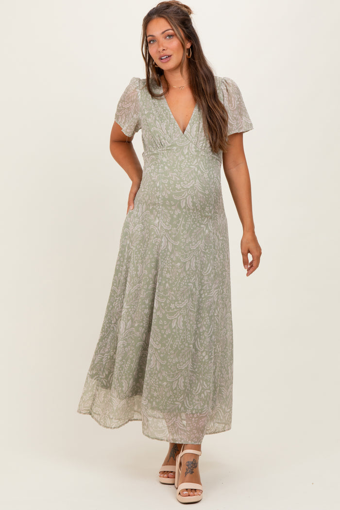Light Olive Floral Chiffon V-Neck Maternity Maxi Dress