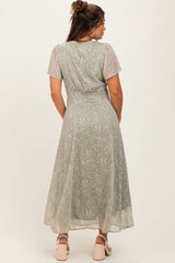 Light Olive Floral Chiffon V-Neck Maternity Maxi Dress