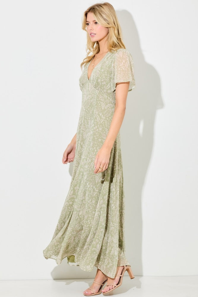 Light Olive Floral Chiffon V-Neck Maxi Dress