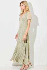 Light Olive Floral Chiffon V-Neck Maxi Dress