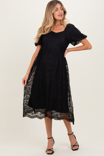 Black Lace Sweetheart Neck Short Sleeve Maternity Midi Dress