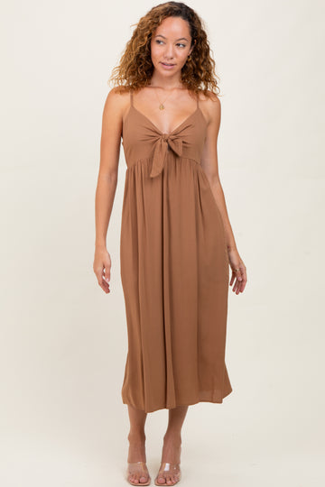 Camel Front Tie Sleeveless Midi Dress