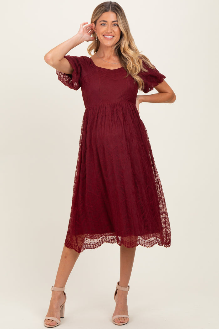 Burgundy Lace Sweetheart Neck Short Sleeve Maternity Midi Dress
