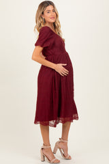 Burgundy Lace Sweetheart Neck Short Sleeve Maternity Midi Dress