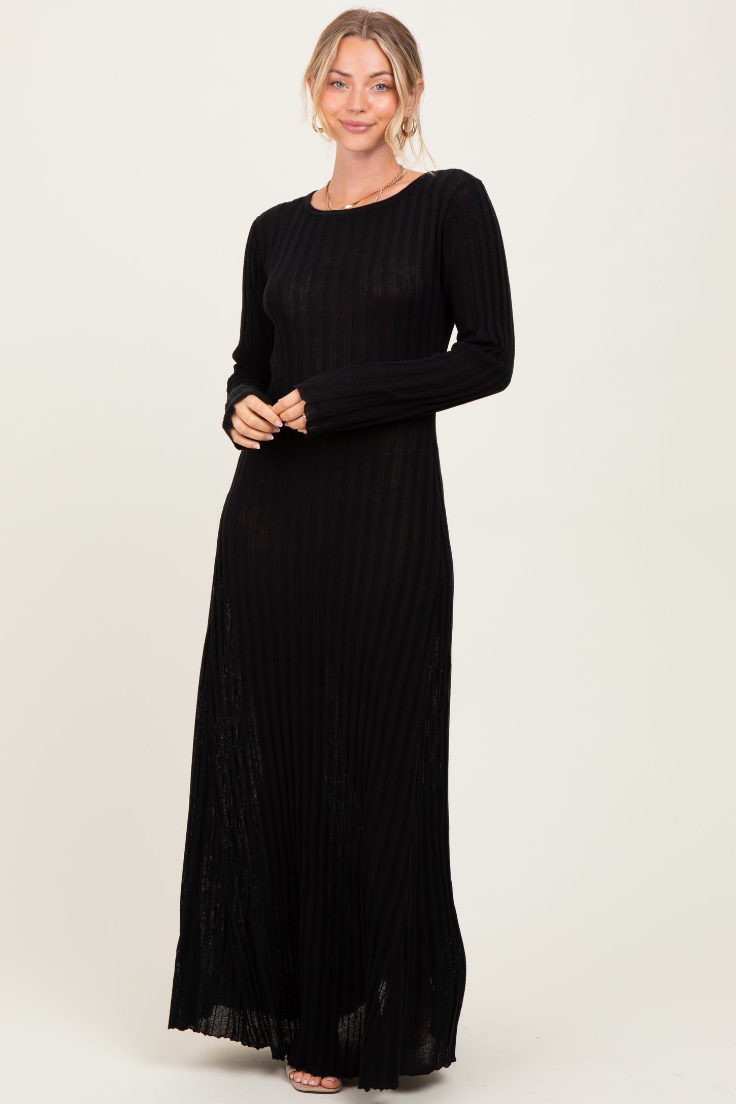 Black Ribbed Long Sleeve Maxi Dress