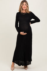 Black Ribbed Long Sleeve Maternity Maxi Dress