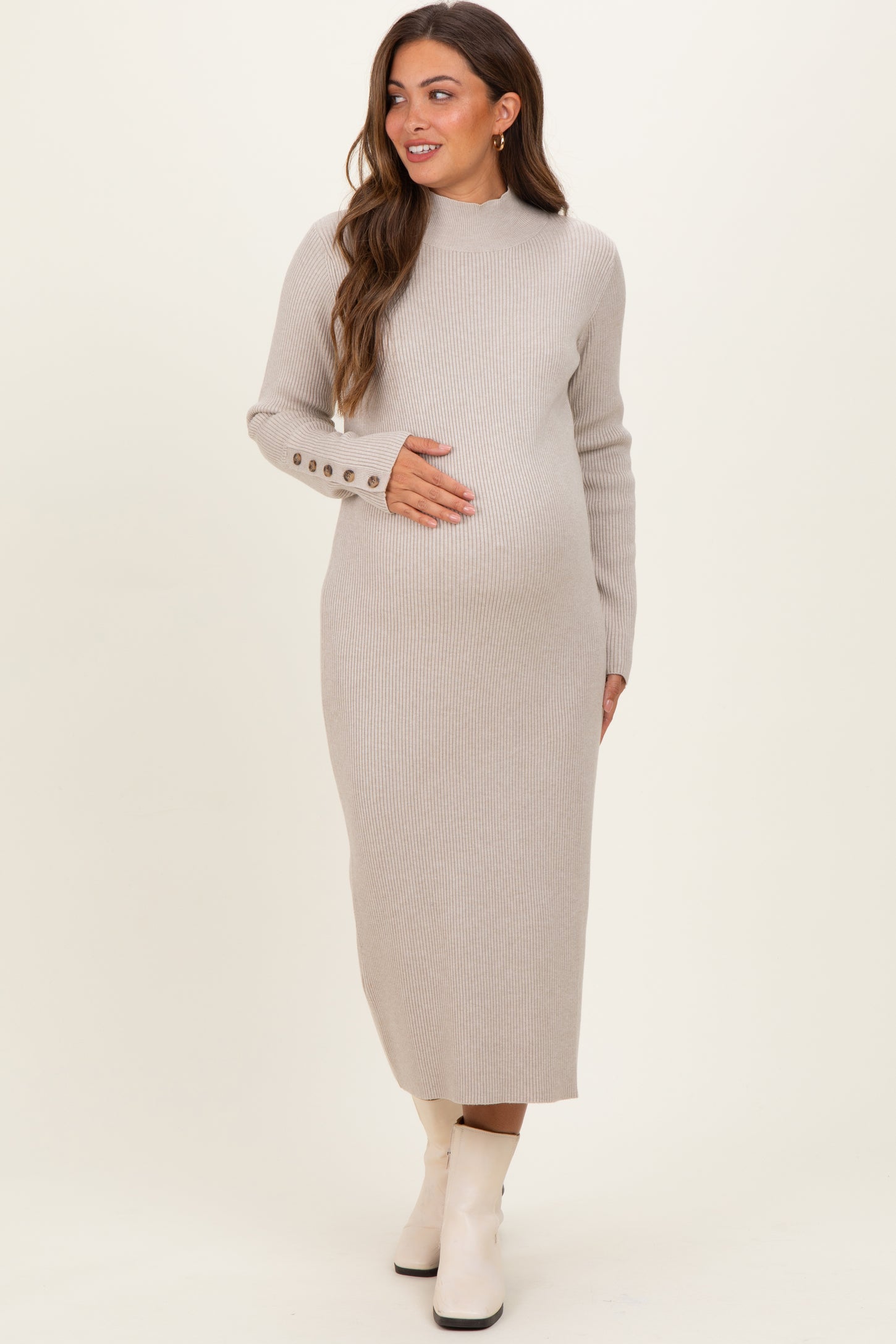 Heather Grey Button Sleeve Sweater Maternity Midi Dress