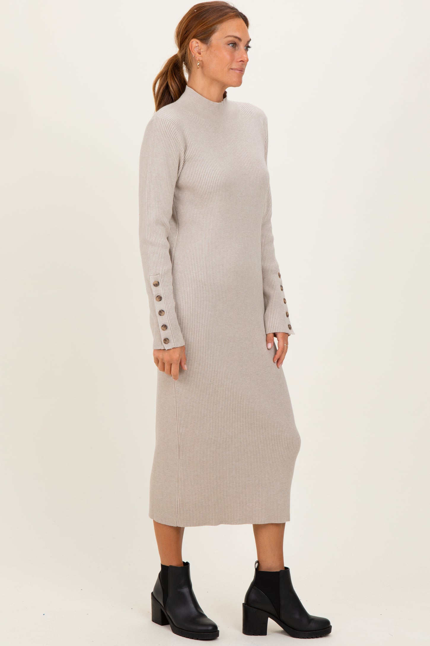 Heather Grey Button Sleeve Sweater Midi Dress
