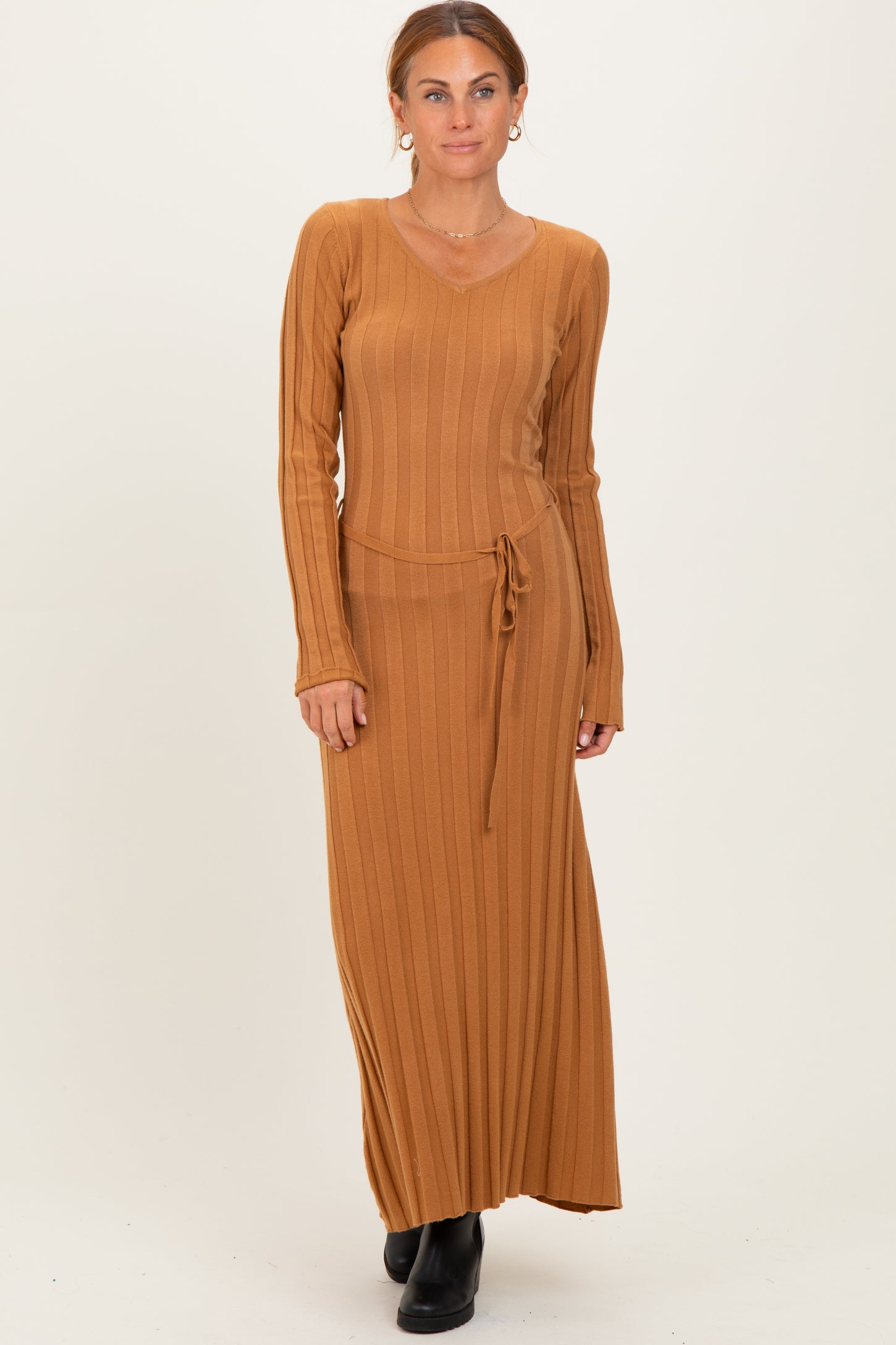 Camel Ribbed Wait Tie Maternity Midi Dress