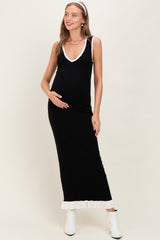 Black Knit V-Neck Contrast Ruffle Hem Maternity Maxi Dress