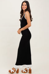 Black Knit V-Neck Contrast Ruffle Hem Maxi Dress