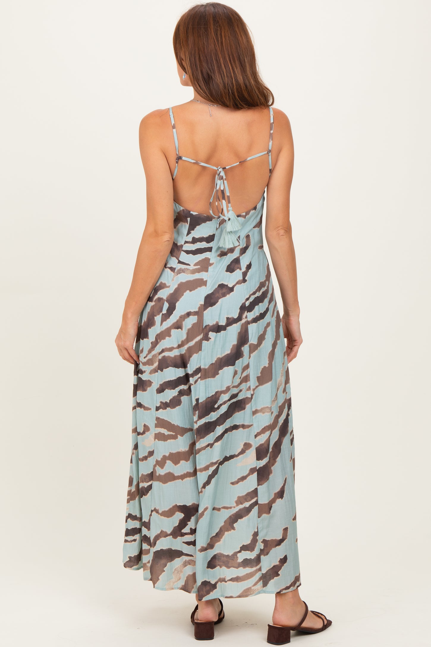 Light Blue Printed Open Tie Back Maxi Dress