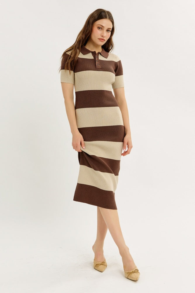 Brown Ribbed Striped Knit Polo Midi Dress