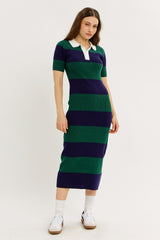 Green Ribbed Striped Knit Polo Midi Dress