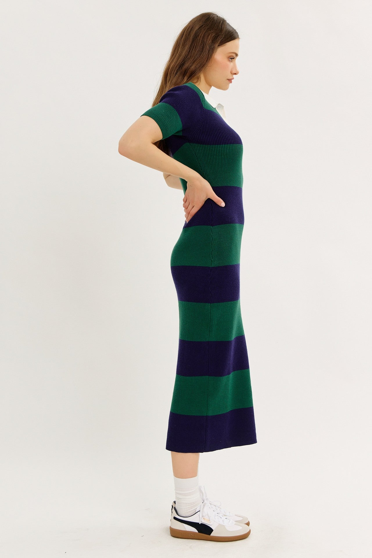 Green Ribbed Striped Knit Polo Midi Dress
