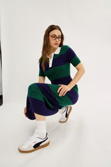 Green Ribbed Striped Knit Polo Midi Dress