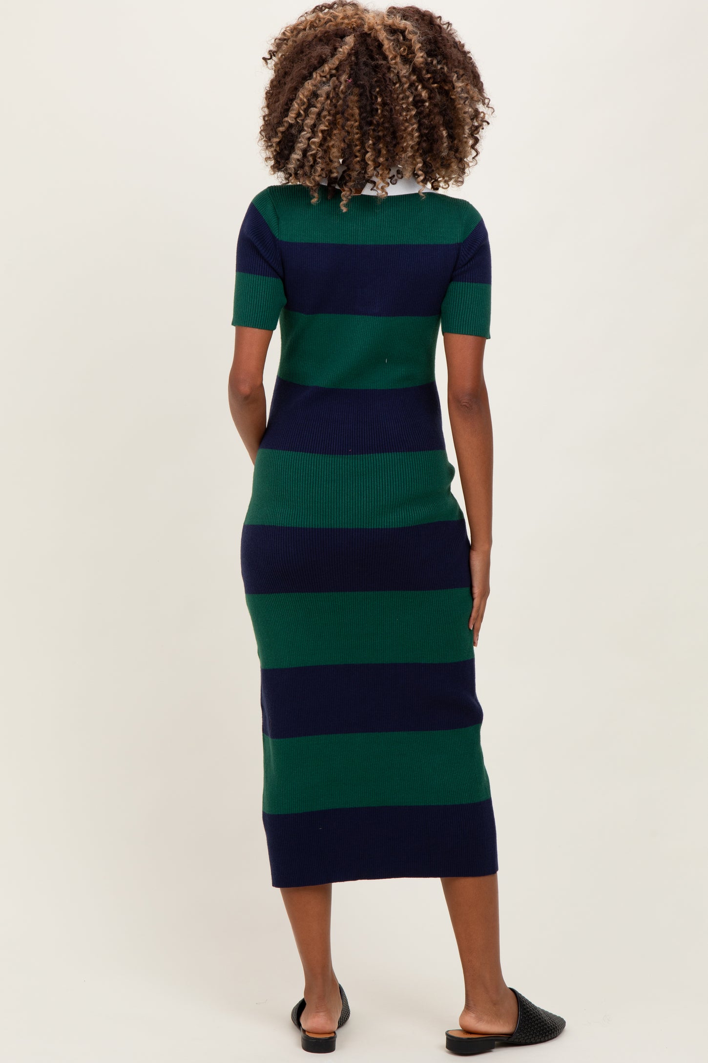 Green Ribbed Striped Knit Polo Maternity Midi Dress
