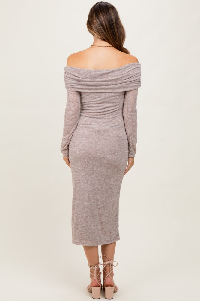 Mocha Heather Off Shoulder Long Sleeve Maternity Maxi Dress