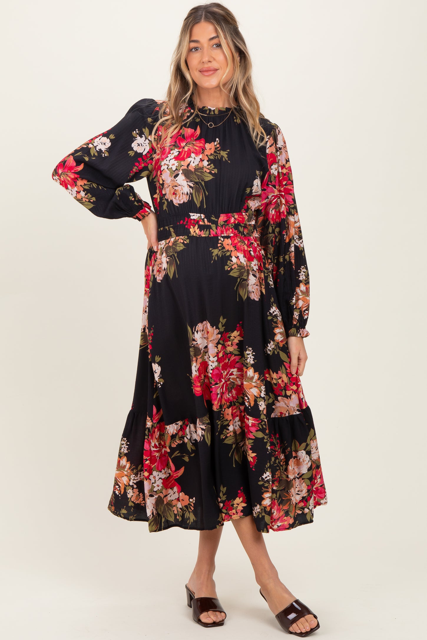 Black Floral Long Sleeve Maternity Midi Dress