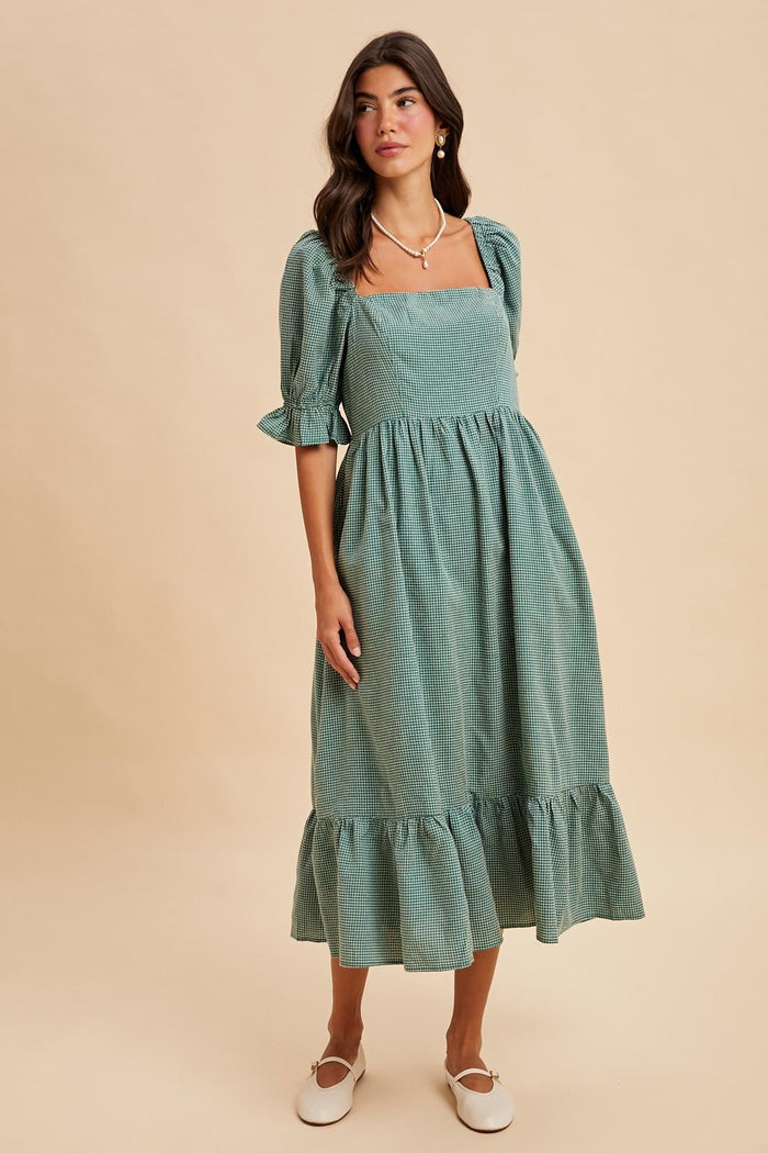 Teal Gingham Square Neck Midi Dress