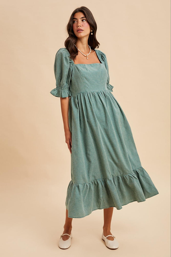 Teal Gingham Square Neck Midi Dress