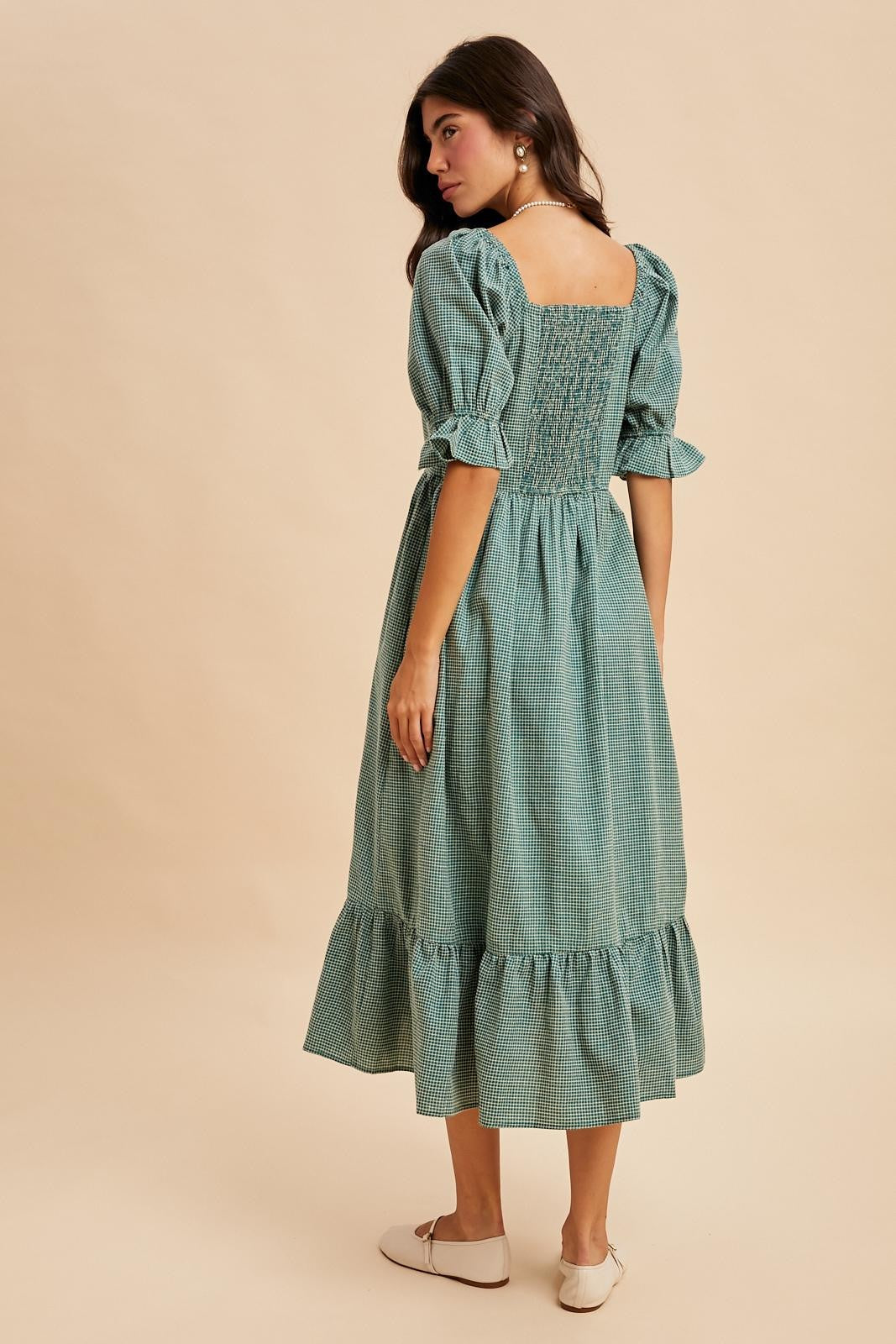 Teal Gingham Square Neck Midi Dress