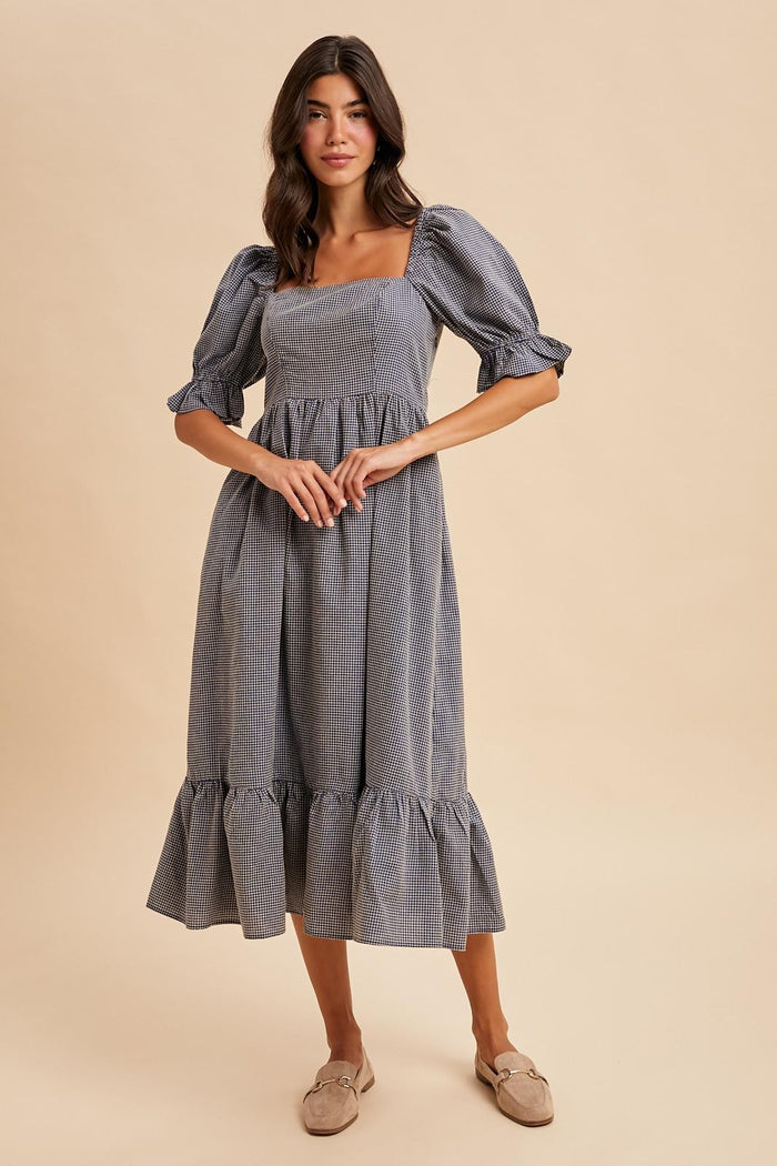 Navy Gingham Square Neck Maternity Midi Dress