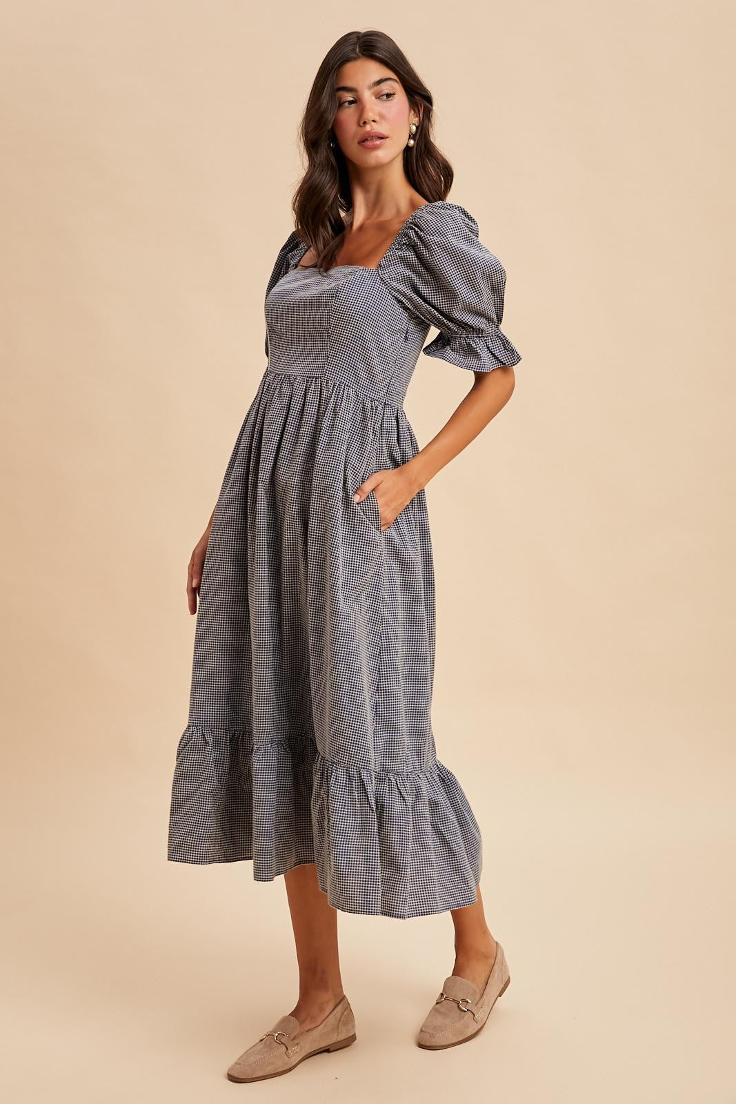Navy Gingham Square Neck Midi Dress