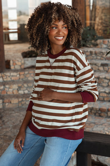 Brown Contrast Stripe Oversized Maternity Sweatshirt