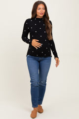 Black Knit Embroidered Floral Ruffle Hem Maternity Top