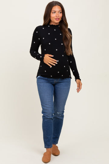 Black Knit Embroidered Floral Ruffle Hem Maternity Top