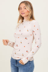 Ecru Knit Embroidered Floral Ruffle Hem Maternity Top