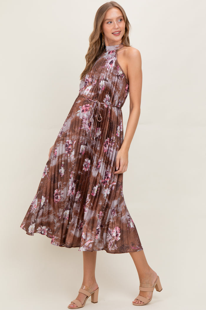 Brown Floral Pleated Halter Maternity Midi Dress